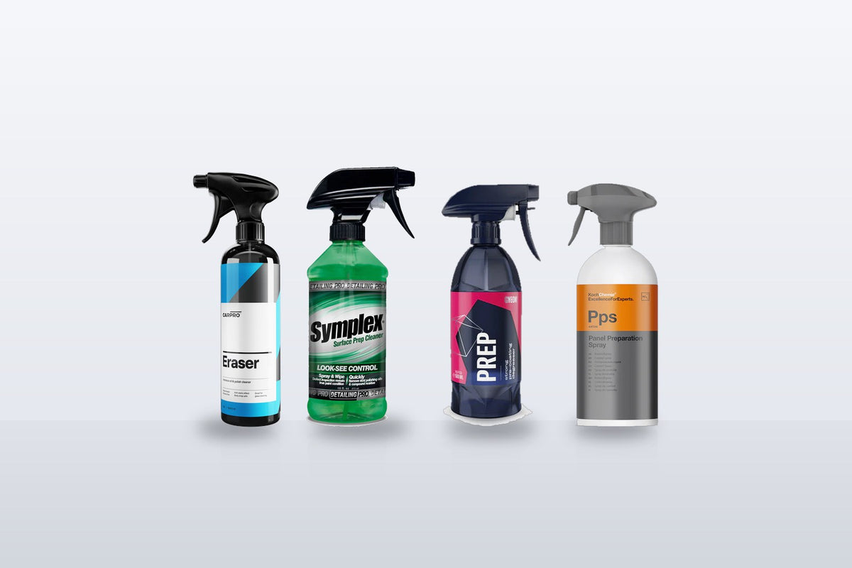CarPro Eraser next to Symplex Look See Control, Gyeon Q²M Prep and Koch-Chemie Panel Prep Spray