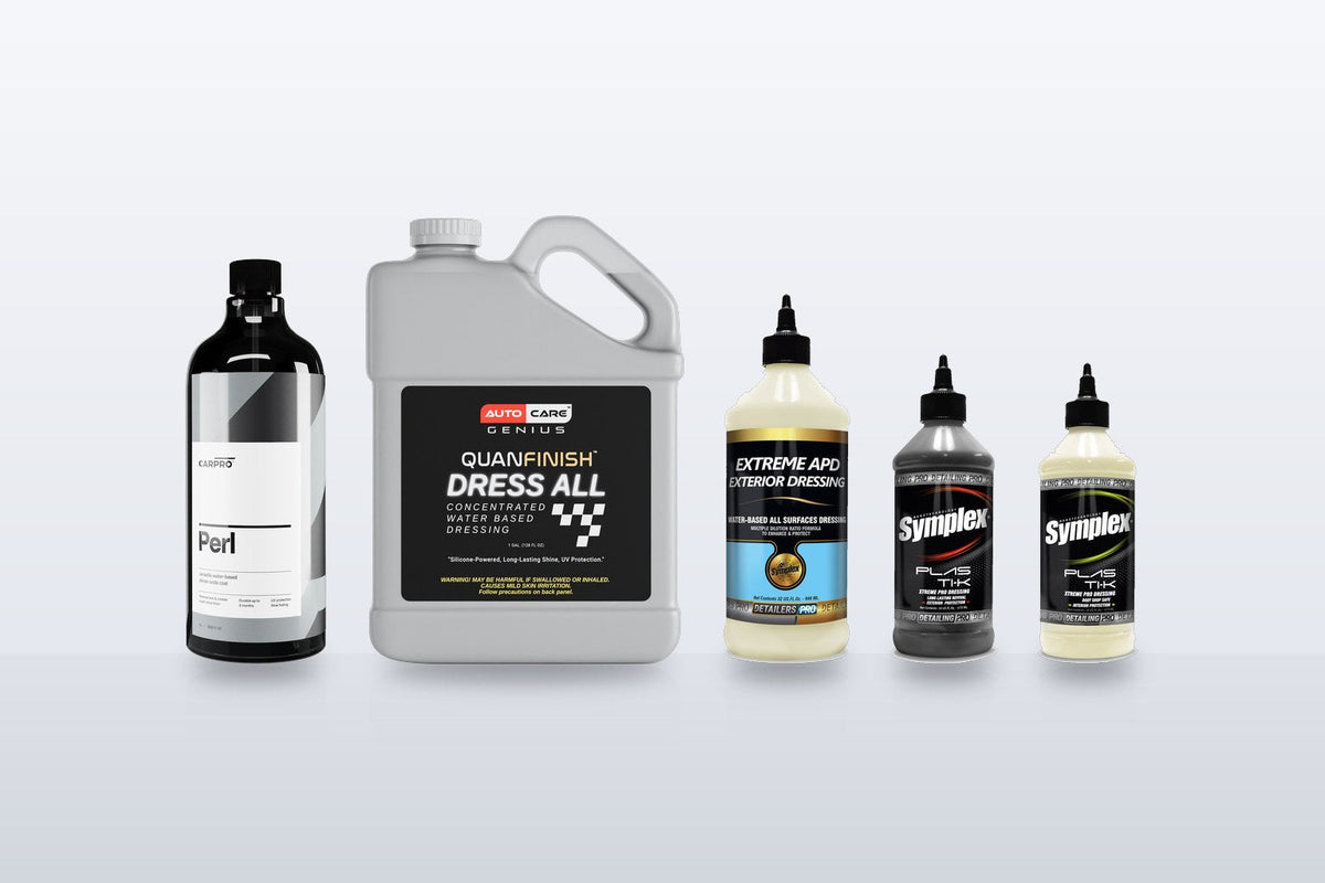 CarPro PERL next to Quan Finish Dress All, Symplex Extreme APD, Symplex Plasti-K Xtreme Exterior and Plasti-K Xtreme Internal