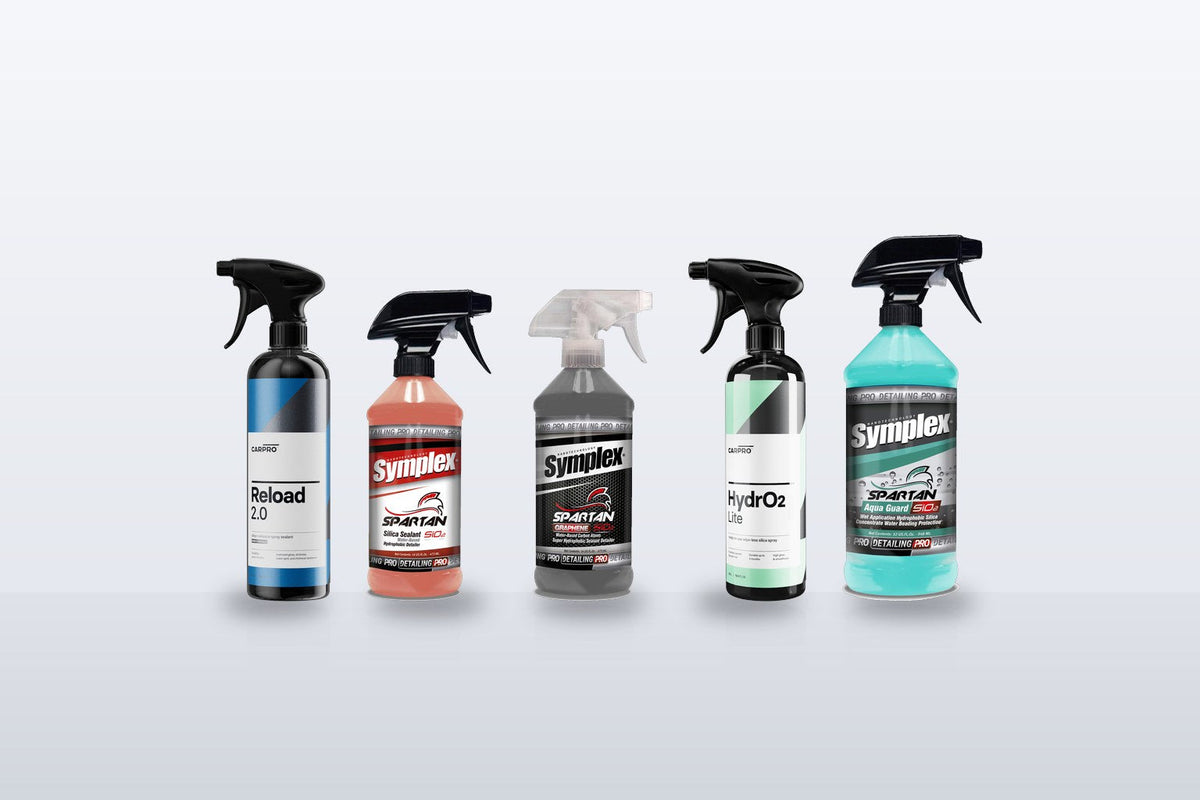 CarPro Reload 2.0 next to Symplex Spartan SiO2, Spartan Graphene, CarPro HydrO2 Lite and Symplex Spartan Aqua Guard