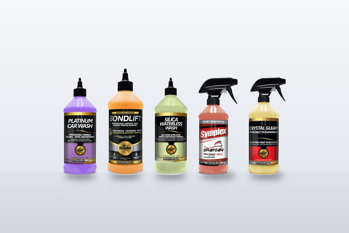 Symplex BondLift residue remover next to Symplex Platinum Car Wash, Silica Waterless Wash, Spartan SiO2 sealant and Crystal Gleam glass cleaner