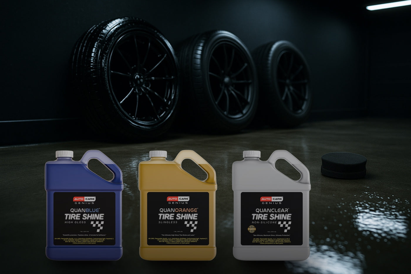 Quan Blue, Quan Orange and Quan Clear Tire Shine gallons compared — high gloss, slingless and non-silicone finishes