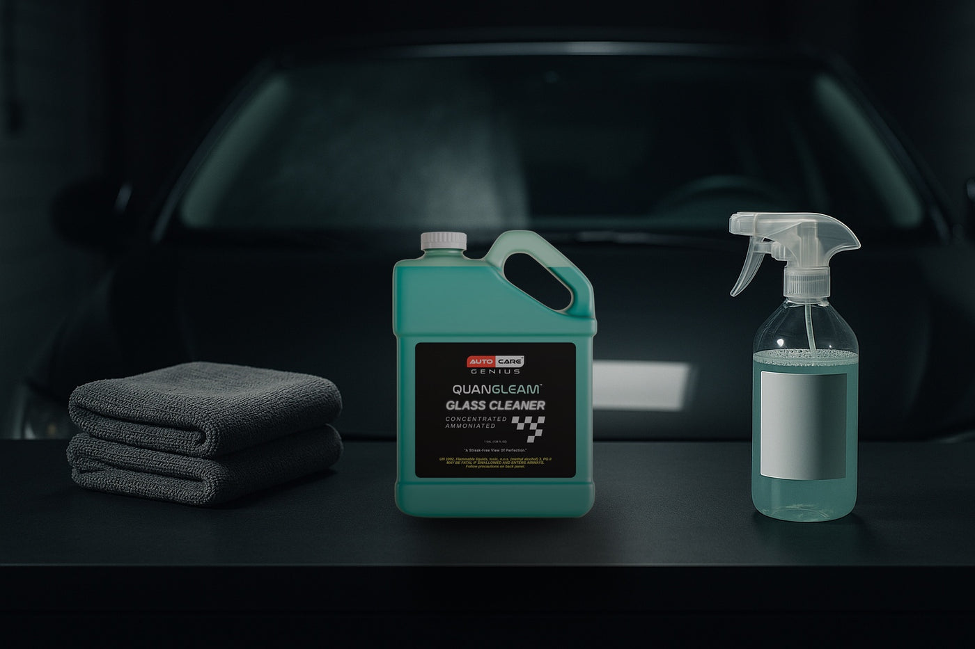 Quan Gleam Glass Cleaner and microfiber towels set up to clean the inside of a windshield streak-free