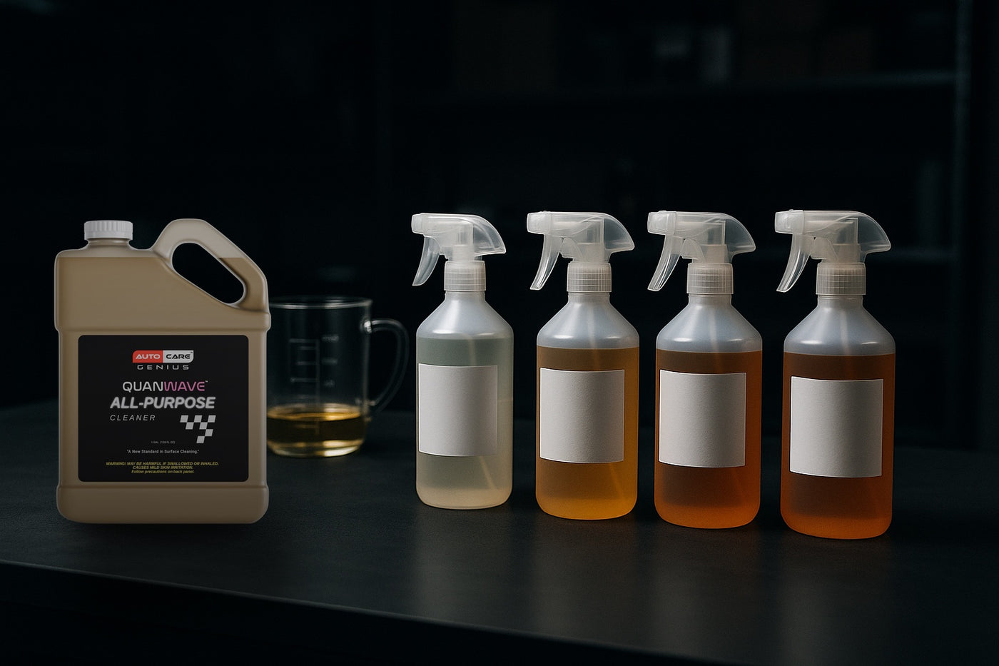 Quan Wave All-Purpose Cleaner gallon with spray bottles mixed at 10:1, 6:1, 4:1 and 3:1 APC dilution ratios