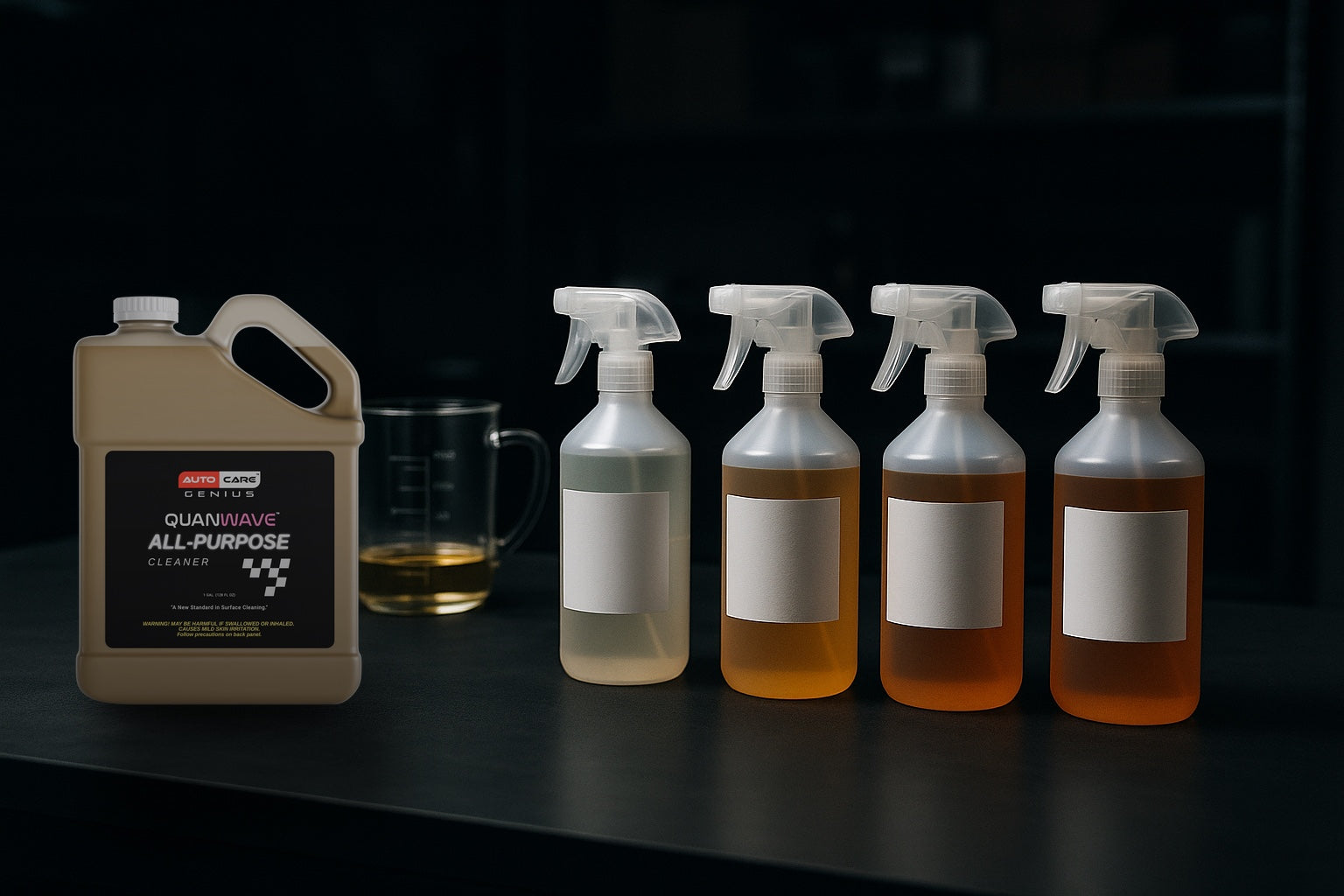 Quan Wave All-Purpose Cleaner gallon with spray bottles mixed at 10:1, 6:1, 4:1 and 3:1 APC dilution ratios