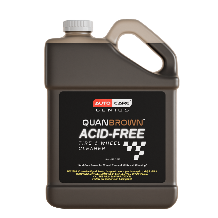 Quan Brown acid-free wheel and tire cleaner, 1 gallon jug of chocolate-brown non-acid concentrate