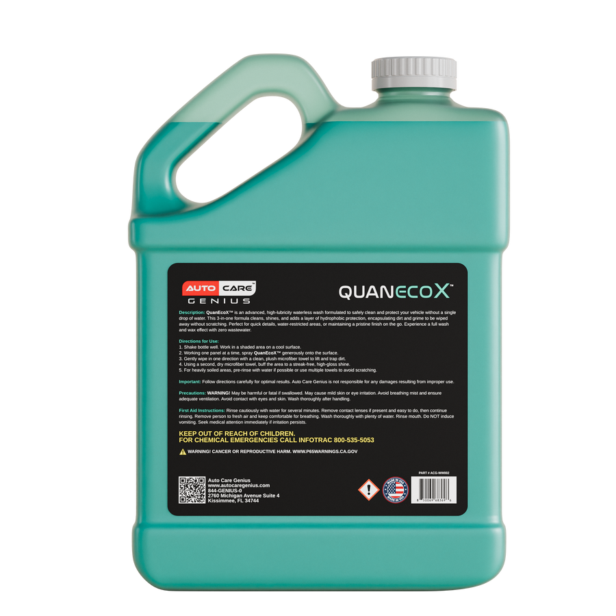 Quan EcoX waterless wash back label with directions and precautions