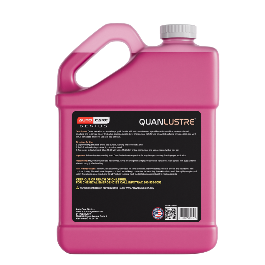 Quan Lustre detailer back label with spray-and-wipe and clay lube directions