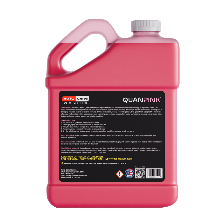 Quan Pink car soap back label with mixing directions: 5 oz per 5 gallons